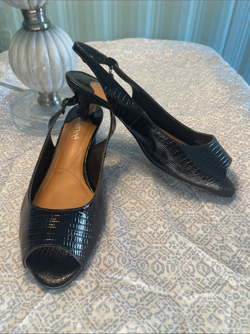 J. Renee Black Patent Black Lizard Slingback Peep-Toe Heels Size 9.5W